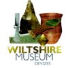 Wiltshire Museum logo showing some of the key finds from the museum. Includes the Bronze Age Bush Barrow lozenge excated close to Stonehenge.