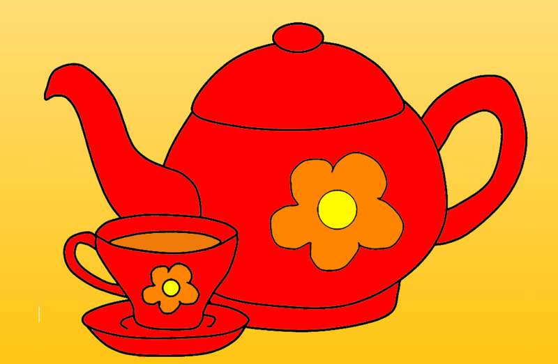 Red teapot and cup of tea