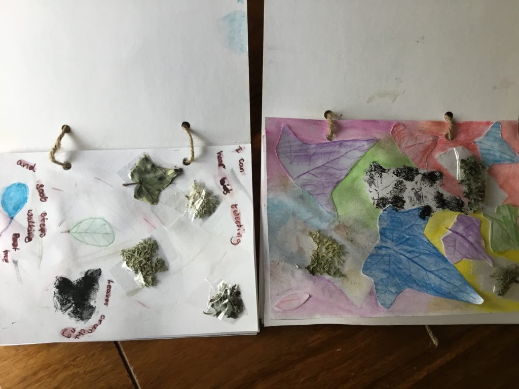 A colour page of children's artwork. Featuring leaves