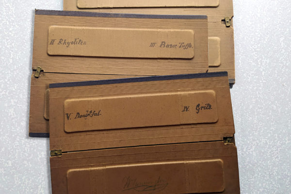 Beige cardboard trays containing microscope slides made by William Cunnington.