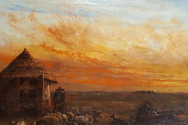 Oil painting showing a sunset with a shepherd's hut in the foreground and Stonehenge on the horizon.