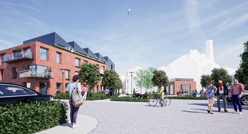 View of proposed Wadworth development showing flats and the Brewery in the background