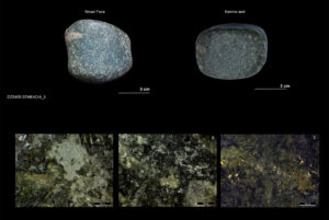 Part of a stone battleaxe and microscope images showing gold traces