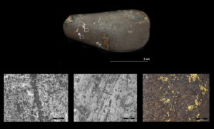 A stone tool and microscope images showing traces of gold