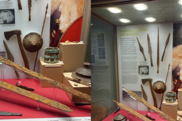 A collage of 2 images of display cases with iron swords and other weaponry