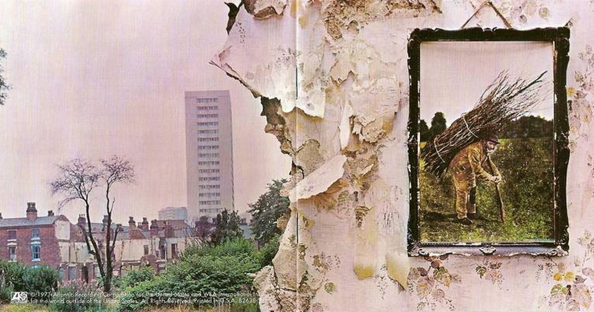 Album cover in 2 main sections. Left hand section shows decaying Victorian terrace houses and a 1960's tower block. The righ shows a wall with peeling wallpaper and a framed coloured photograph of a wizened old man carrying a bundle of sticks on his back. There is no title and the only text is about Atlantic Records.