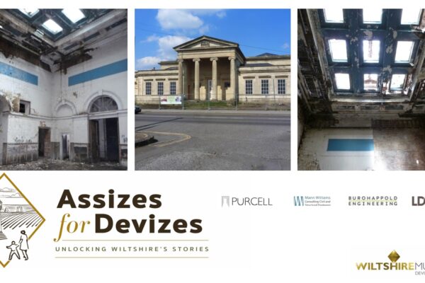 Title page with the Assizes for Devizes project logo and images of the poor state of the interior of the building and the Greek temple-like facade.
